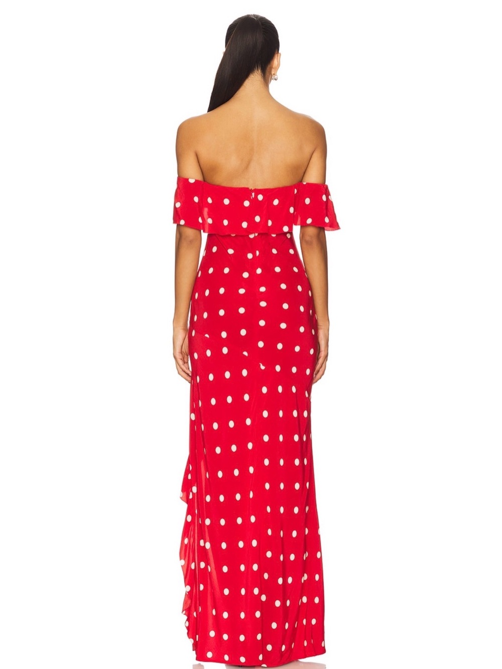 MAJORELLE Deanna Gown in Cherry Red Polka Dot Off-Shoulder Ruffle Maxi sz S - Picture 3 of 4